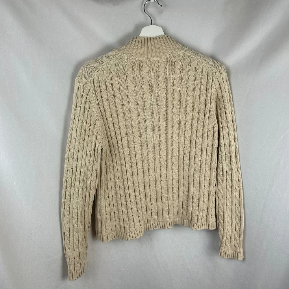 LL Bean Womens Large Petite Beige Cable Knit Full Zip Cotton Cardigan Sweater